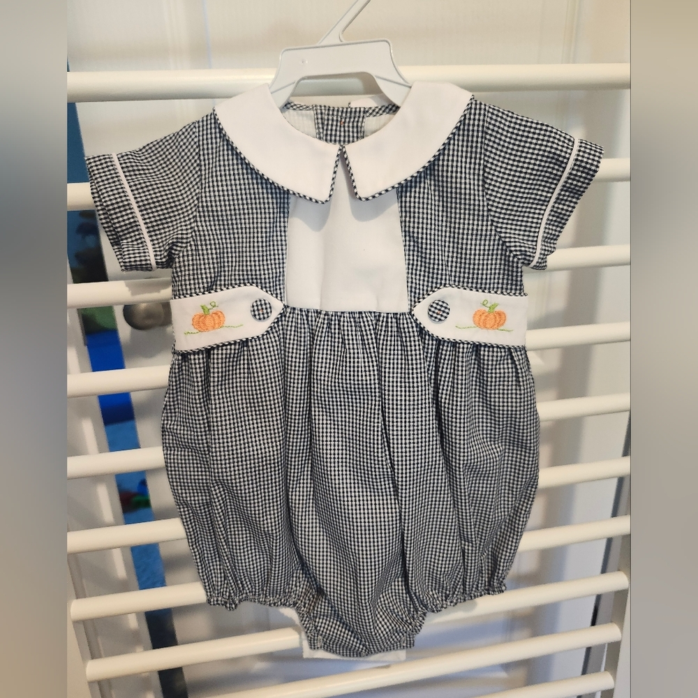 Adorable Gingham Baby Romper with Pumpkin Embroidery